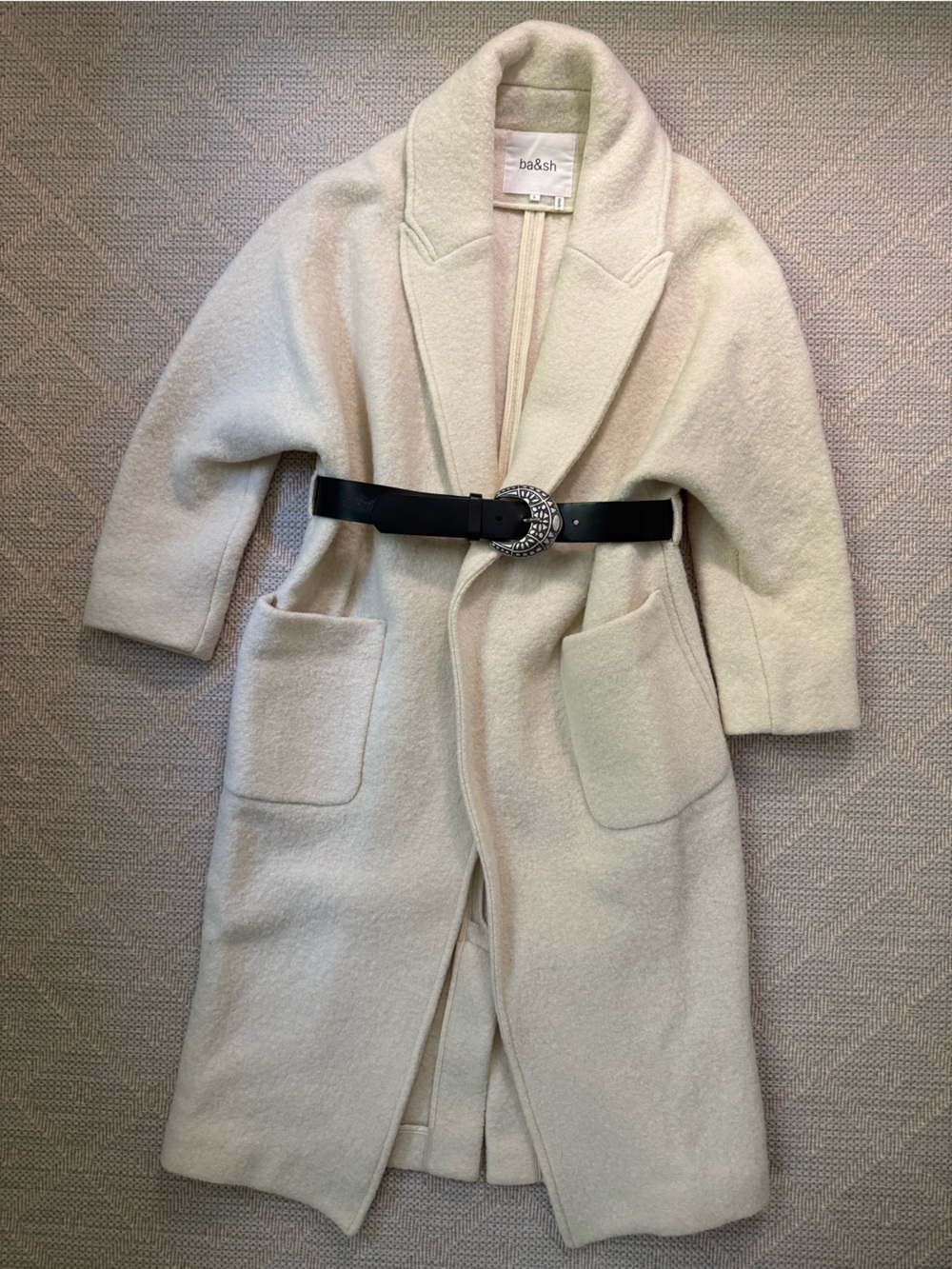 ba&sh Cream Shawl Collar Lady Coat with Black Belt